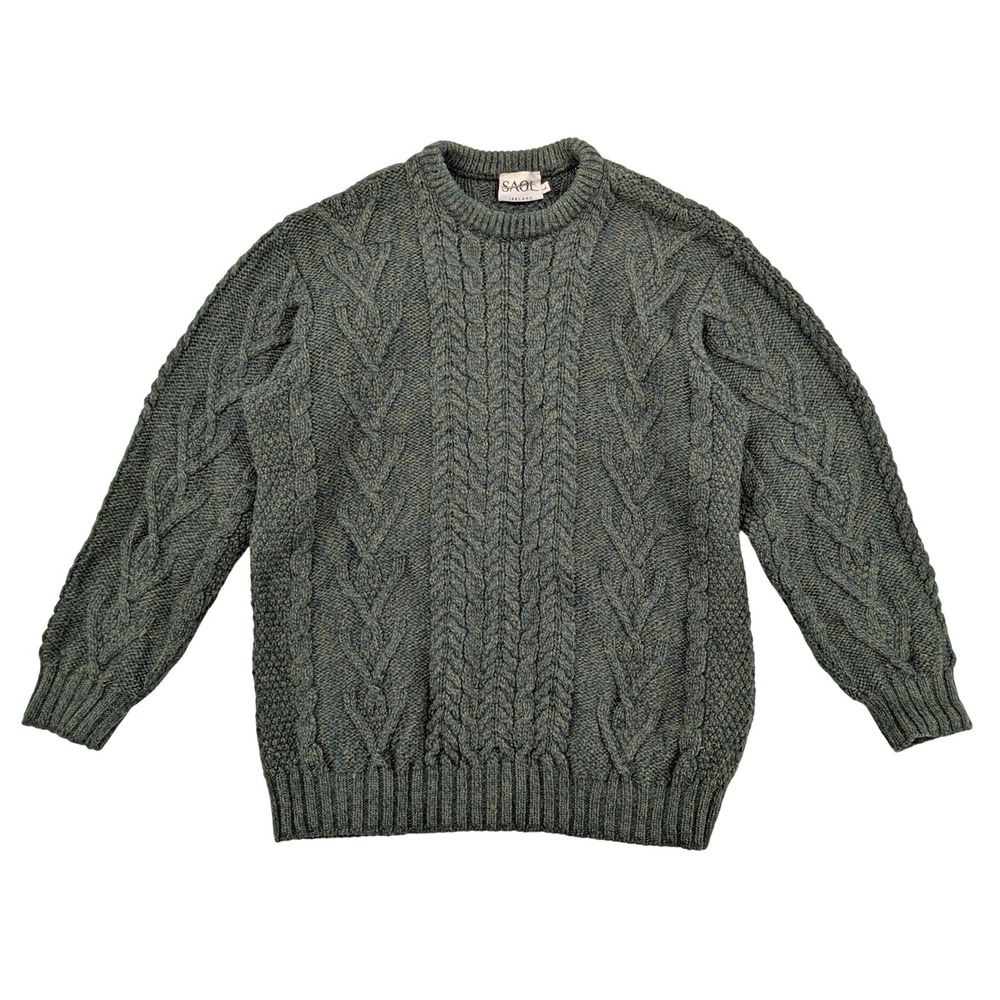 SAOL Ireland Aran Cable Knit Wool Sweater Green Fisherman Mens L Irish
